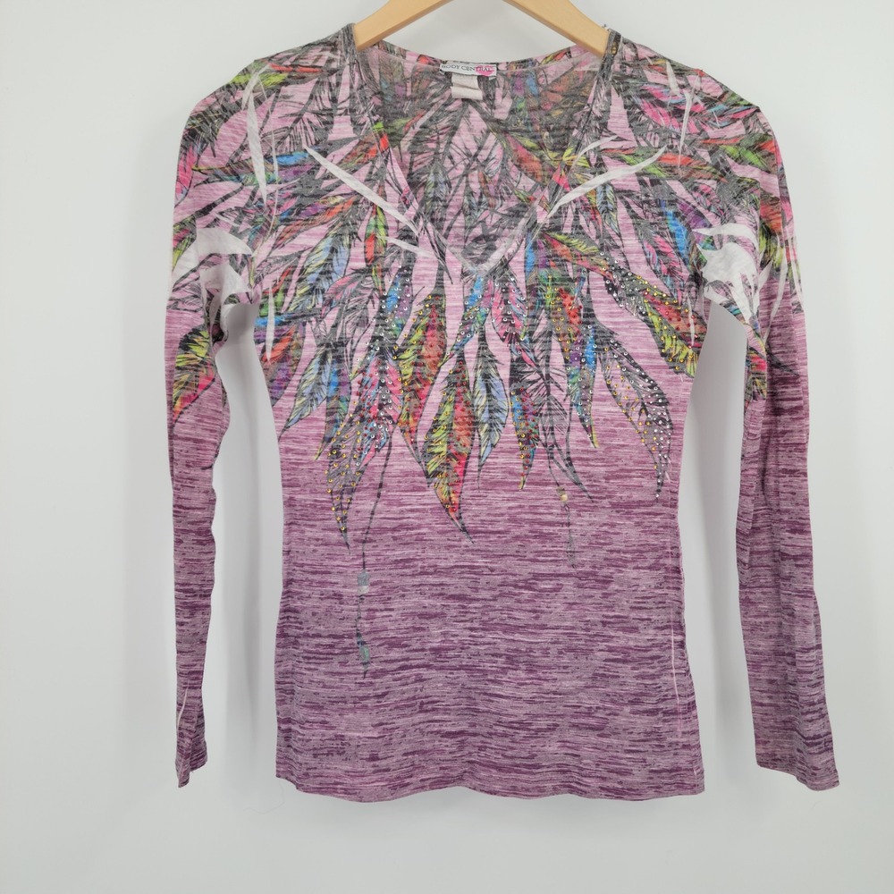 Body Central Y2K Purple Feather Rhinestone Long Sleeve Top Womens Medium McBling